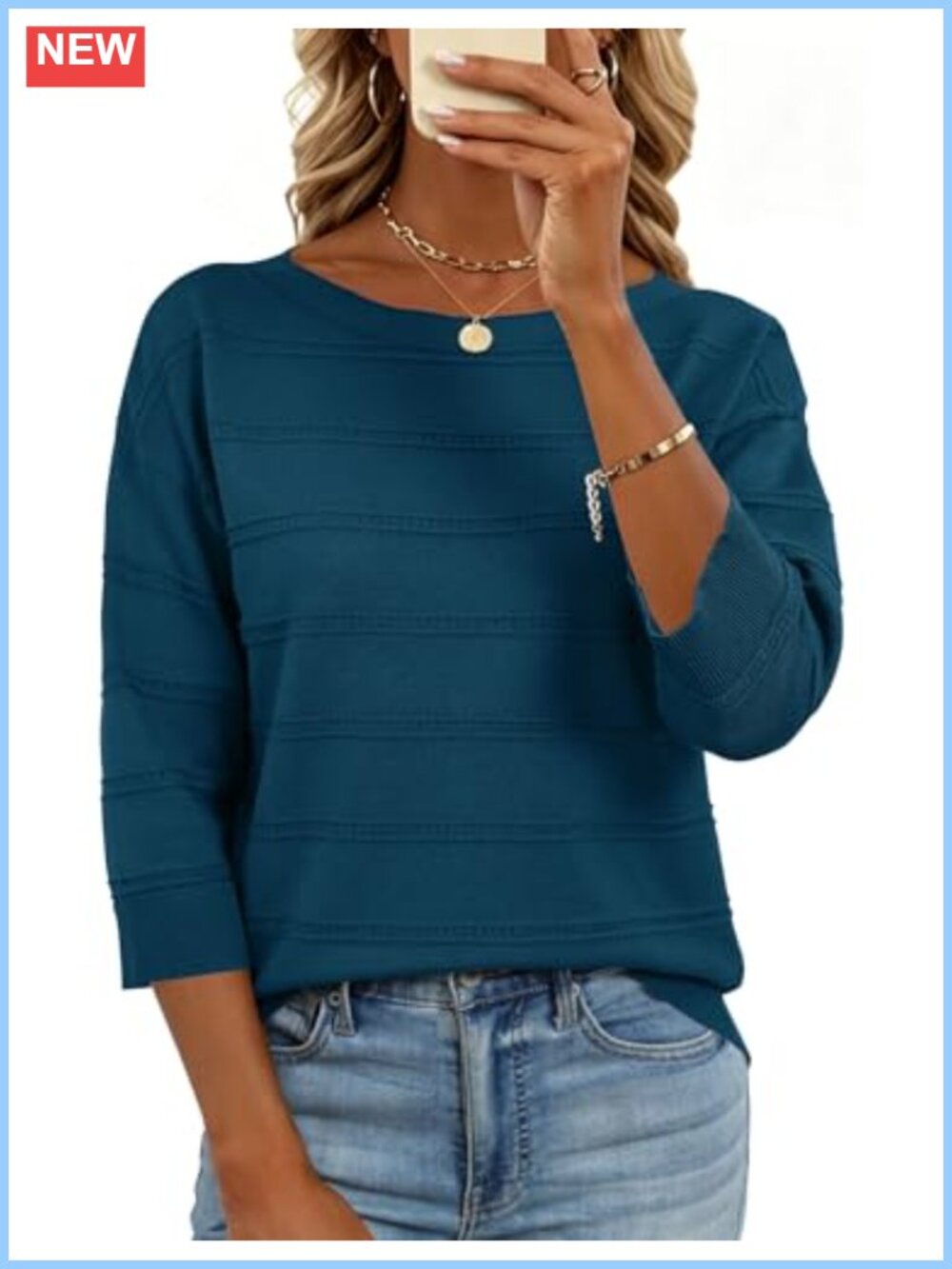 Women's Casual Boat Neck 3/4 Sleeve Knit Pullover Sweater Lightweight